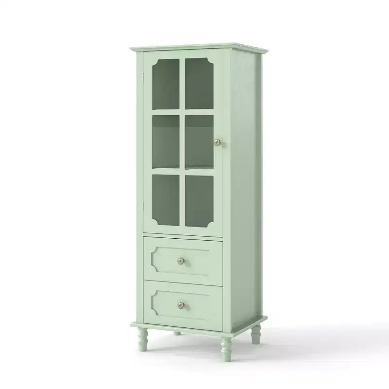 Homy Casa Tall Kitchen Pantry Cabinet with Glass Doors and Drawers, Solid Wood Legs, for Dining Room or Living Room
