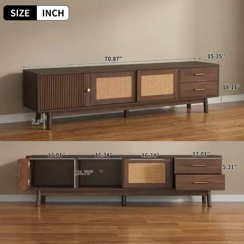 Mid Century Modern Rattan TV Stand for 80 TVs with Storage & Solid Wood Legs