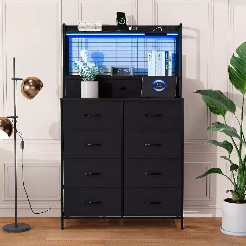 11-Drawer Fabric Dresser with LED Lighting & Charging Station – Industrial Style