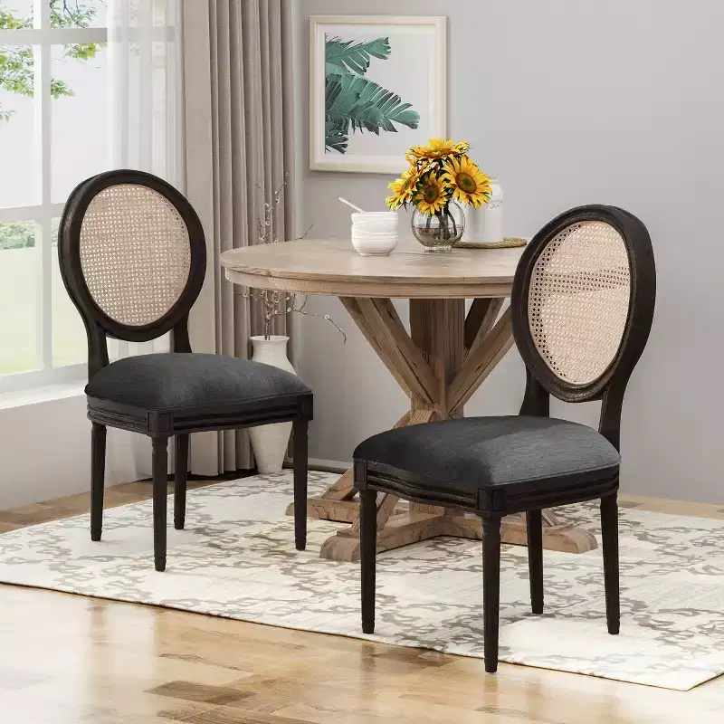 GDFStudio Towner French Country Fabric Upholstered Wood and Cane Dining Chairs (Set of 2)
