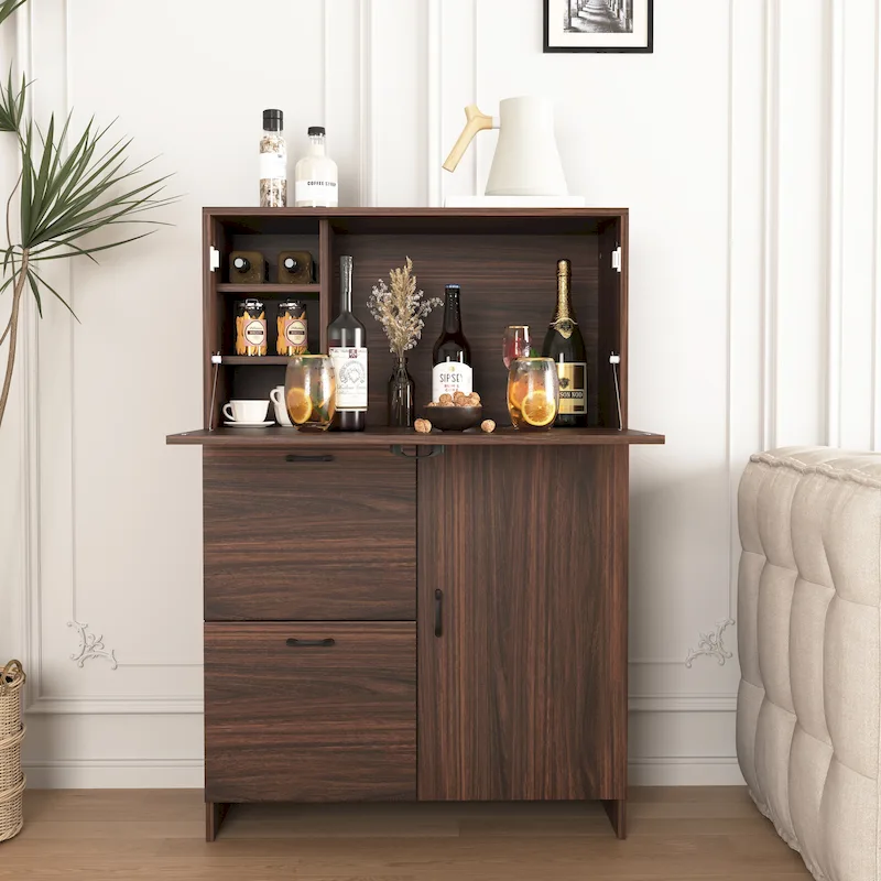 Desk Cabinet, with Storage Drawer & Shelves, Fold-up Desktop