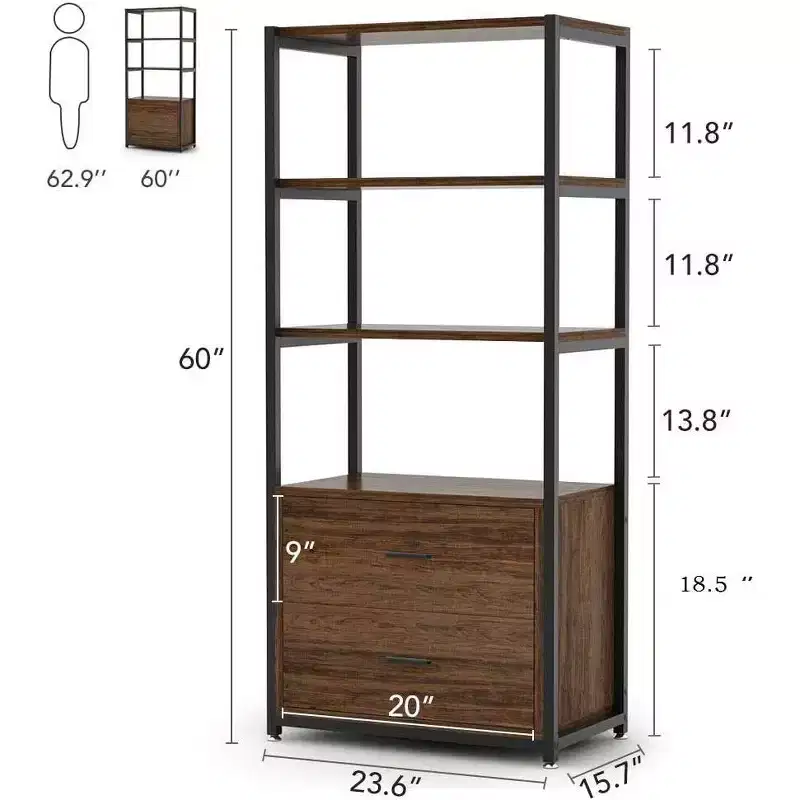 4-Tier Rustic Bookshelf with 2 Drawers, Etagere Display Shelf for Home Office