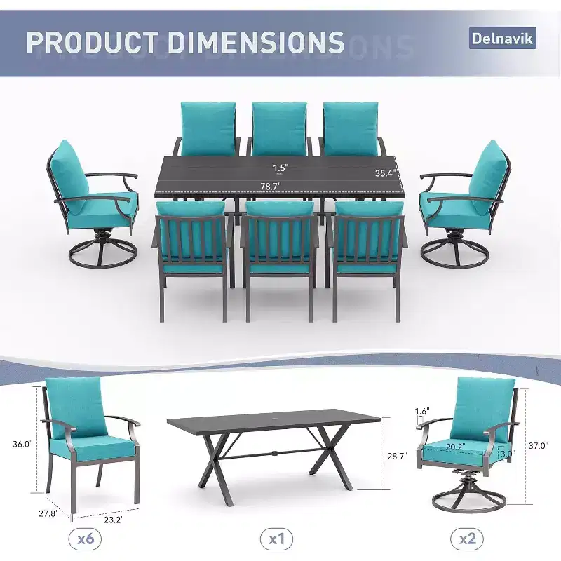 ALAULM 9 Pieces Patio Dining Set Outdoor Furniture with 2 Swivel Chairs and 6 Fixed Chairs, Large Table