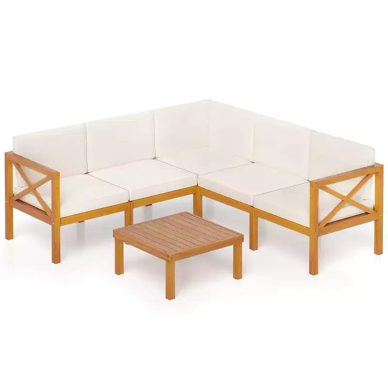 Costway 6 PCS Acacia Wood Patio Furniture Set with Cushions and Coffee Table for Garden