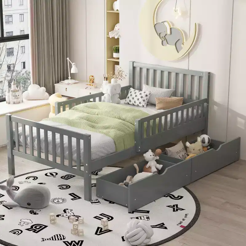 Twin Wood Platform Bed with Guardrails and 2 Storage Drawers, Gray