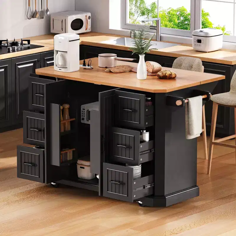 Rubber Wood Kitchen Island with Drop Leaf & Power Outlet, Rolling Kitchen Cart with Wheels & Drawers, Storage Cabinet Folding Dining Table
