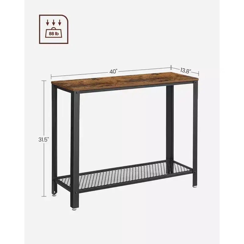Console Table, 2-Tier Entryway Table with Mesh Shelf, Narrow Sofa Table, Steel Frame, Adjustable Feet Rustic Brown and Black