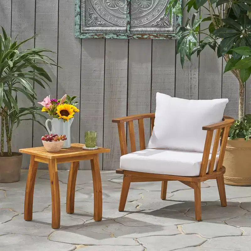 GDFStudio Oleander Outdoor Acacia Wood Club Chair and Side Table Set with Cushions, Teak/White