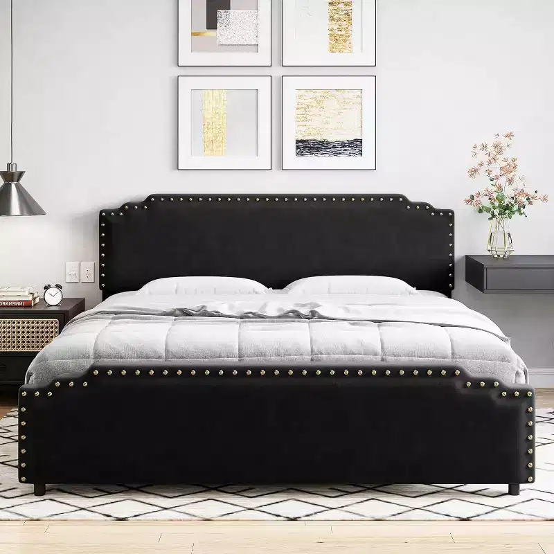 Bed Frame, Velvet Upholstered Platform Bed Frame with Riveted Decorative Headboard, No Box Spring Noiseless, Easy to Assemble