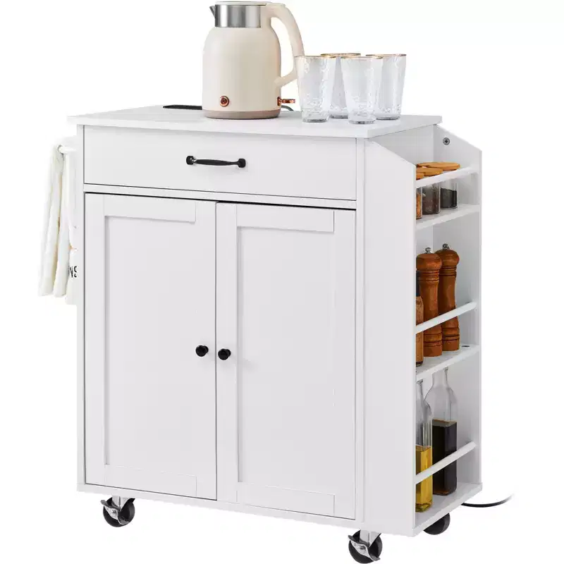 Kitchen Island Cart, 32 Mobile Carts with Storage Cabinet, Rolling Table with Power Outlet, Spice Rack