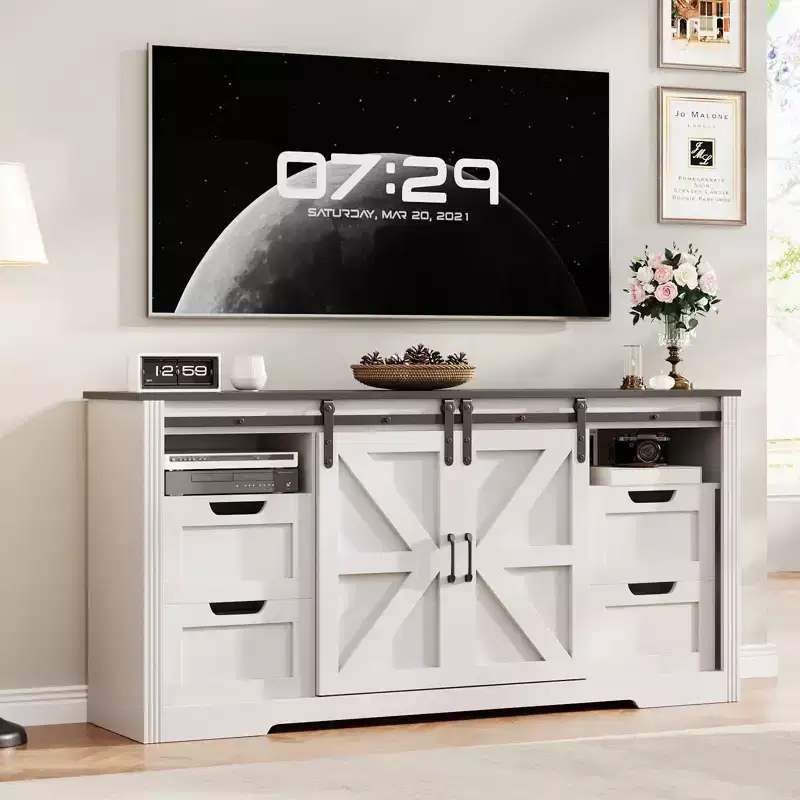 Farmhouse Entertainment Center TV Stand with Barn Doors