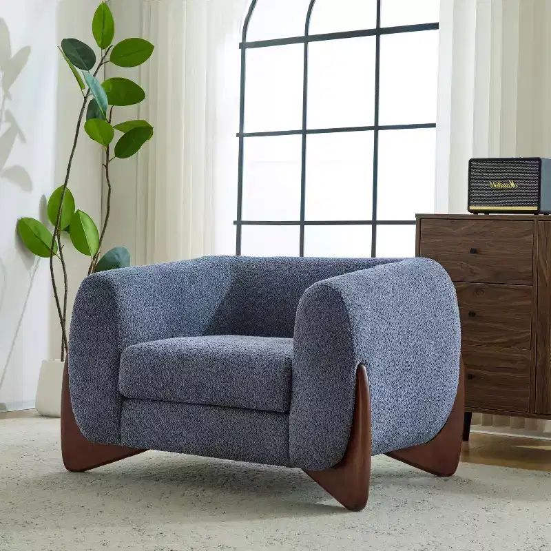 Birch Wood Boucle Upholstered Club Chair