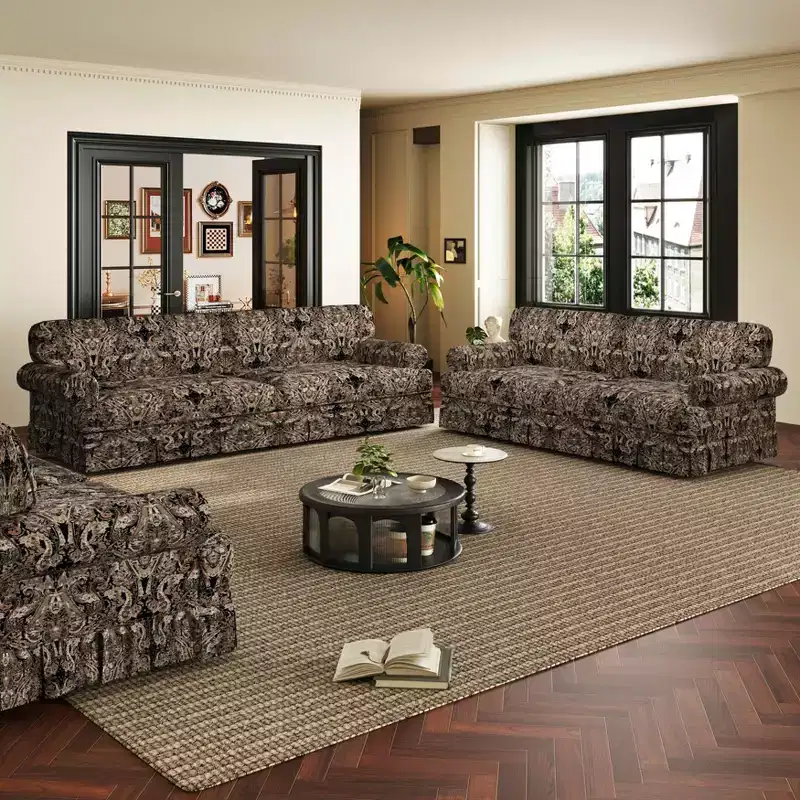 Luxuriously Comfortable 4 Seater Cloud Couch, Chenille Fabric Sofa with Rolled Arms & Pleated Skirt Black Floral