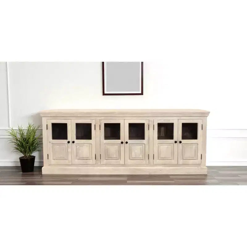 HomeRoots 93 Antiqued White Distressed Solid Wood Sideboard with Six Glass Doors