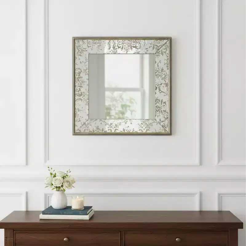 HomeRoots 15 Brown Square Framed Antiqued Damask Accent Mirror