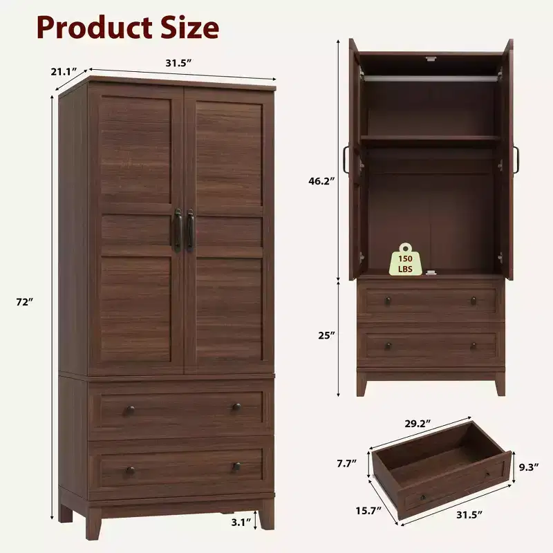 72 Wooden Wardrobe with Adjustable Shelves, 2 Doors, 2 Drawers, Aluminum Hanging Rails, Anti-Tip Safety Brackets, Quiet Hhinges, Easy Assembly