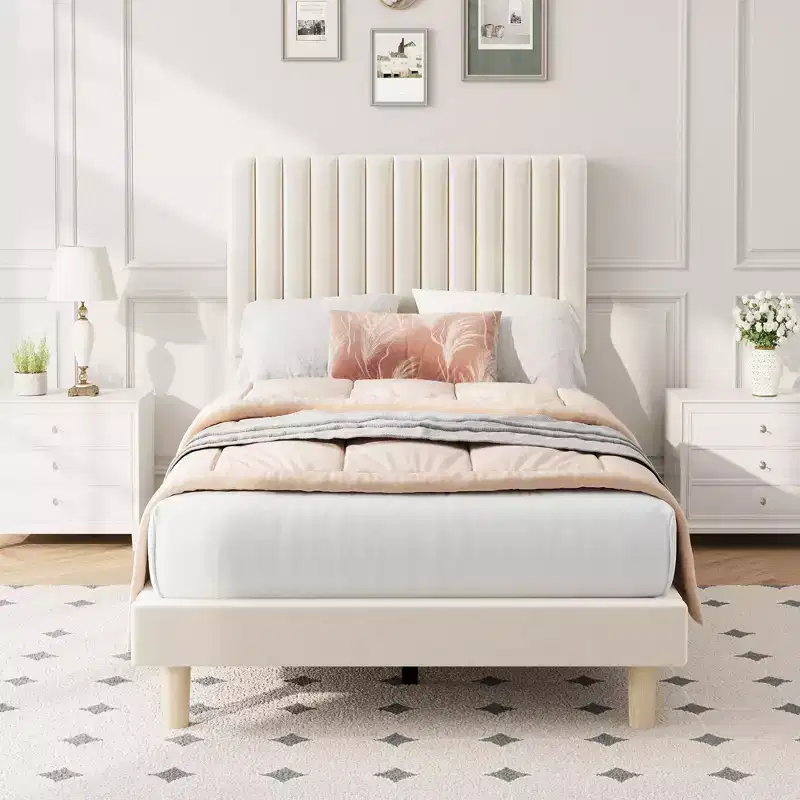 COZONY Velvet Upholstered Platform Bed Frame with Adjustable Headboard, Wood Slats Support, No Box Spring Needed, Easy Assembly