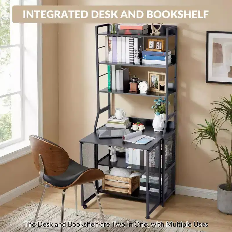 70 Industrial 2-in-1 Bookshelf Desk - Metal and Wood Storage Desk with Tall Bookcase for Home Office, Living Room and Small Spaces