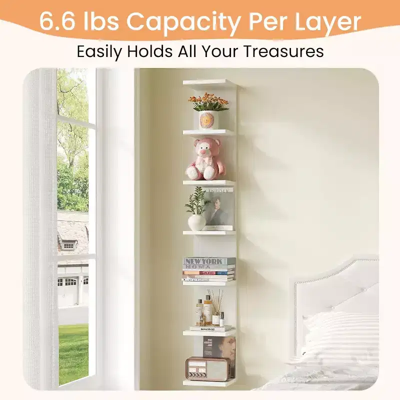 7-Tier Floating Wall Shelf White, Wall Mounted Display and Storage for Bedroom, Living Room, Office