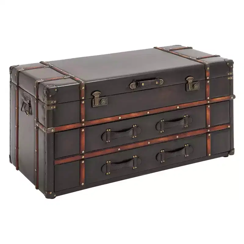 Brown Trunk-Style Coffee Table with Faux Leather & 2 Drawers