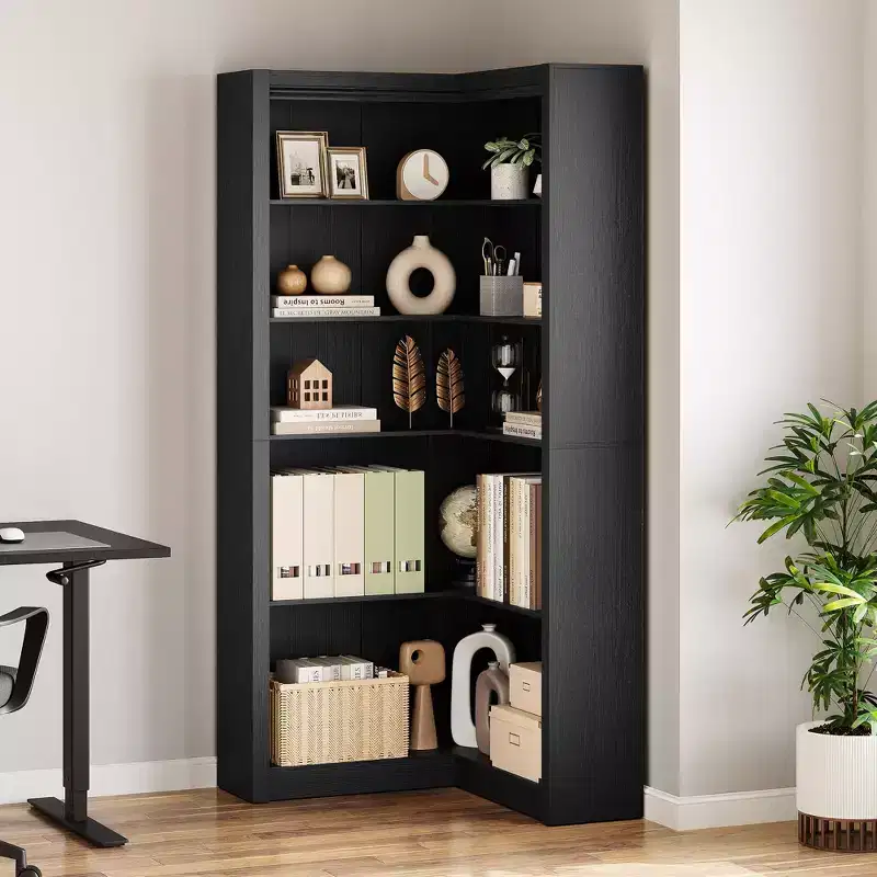 71.8 Tall Corner Bookshelf, 5-Tier L-Shaped Large Bookcase with Anti-Tipping Kit, Space-Saving Storage for Home & Office