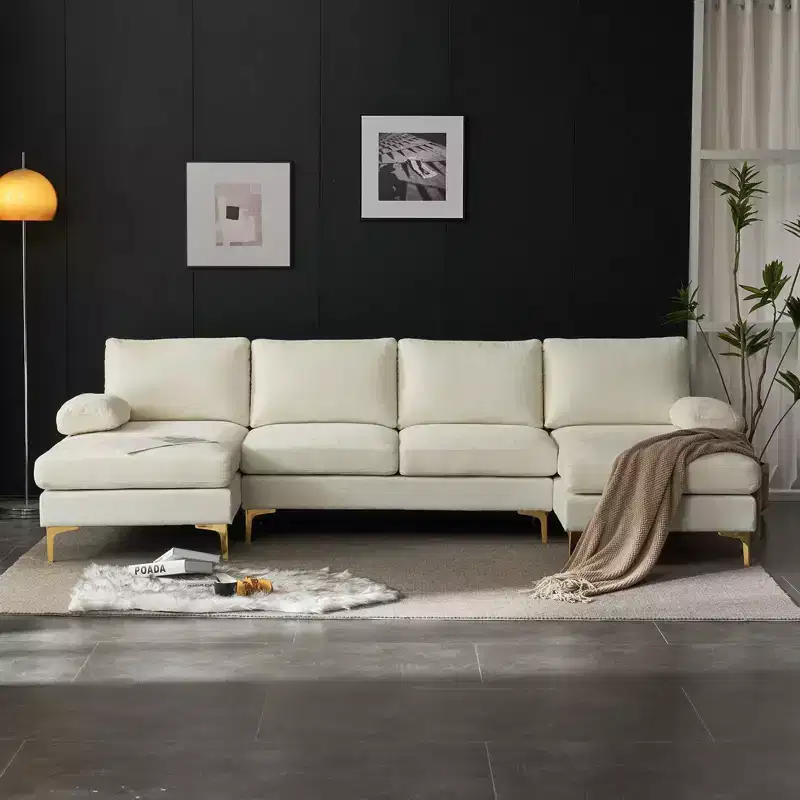 110 in. W Pillow Top Arm 3-Piece U-shaped Chenille Sectionals in Beige