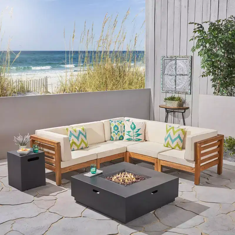 Christopher Knight Home Malawi Outdoor Acacia Wood 5 Seater Sectional Sofa Set with 50,000 BTU Iron Fire Pit