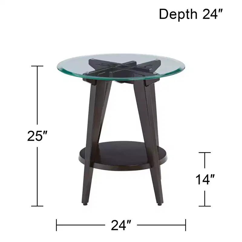 55 Downing Street Farmhouse Wood Round Accent Table 24 Wide with Shelf Dark Brown Tempered Glass Tabletop Living Room Home House