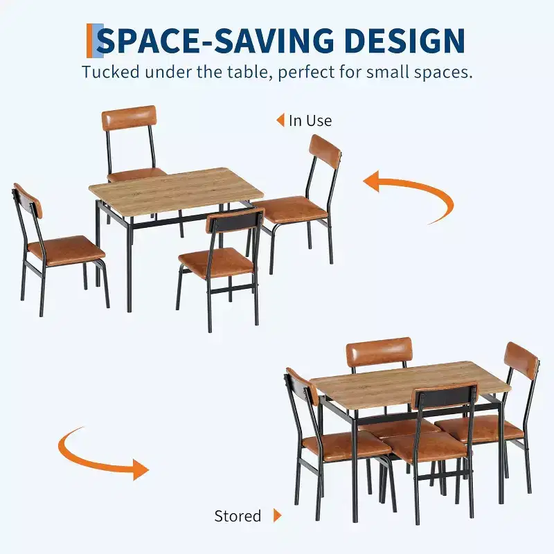 5 Piece Dining Table Set with Wooden Table & 4 PU Upholstered Chairs, Industrial Metal Frame, Compact Kitchen & Dining Room Set