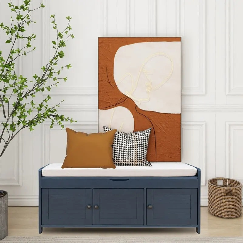 Wooden shoe storage stool with cushioned entrance bench with built-in adjustable shelf and flip top