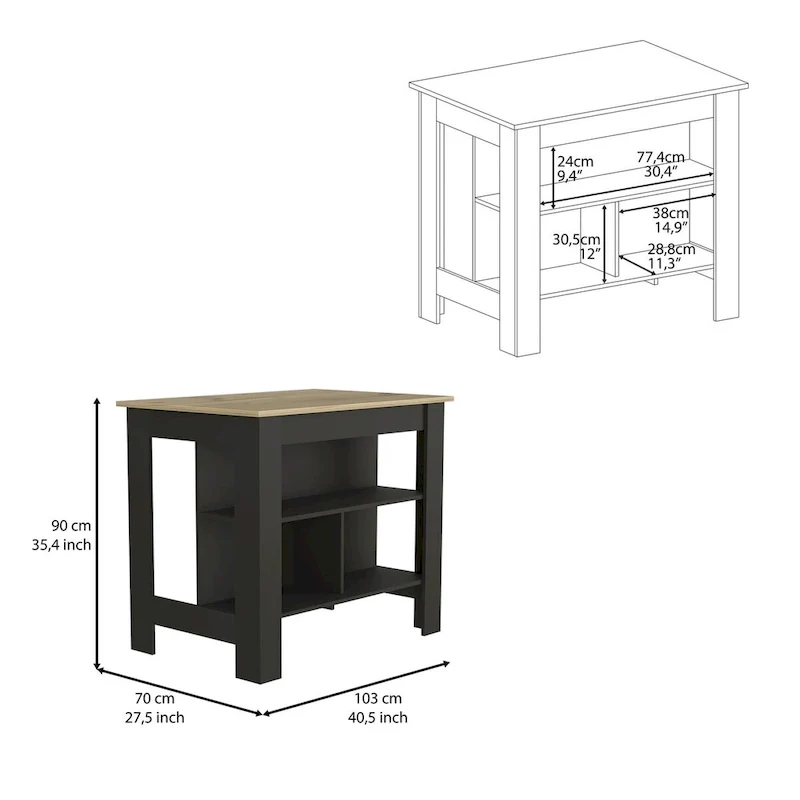 Kitchen Island , Three Shelves, Black Wengue / Light Oak Finish