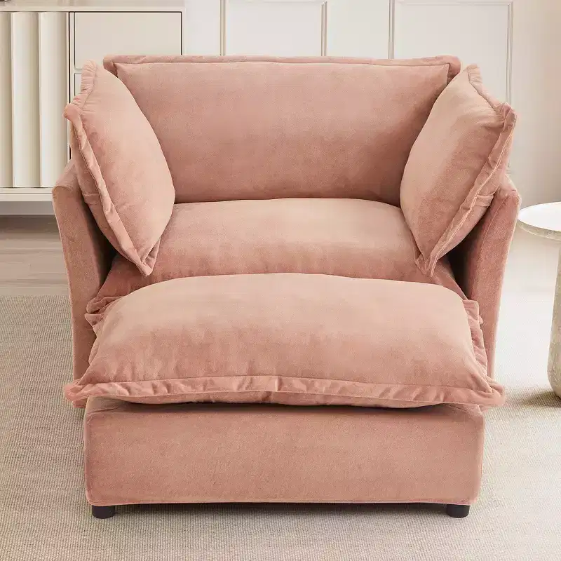 Chenille Armchair with Movable Ottoman, Wide Seat & Curved Armrests