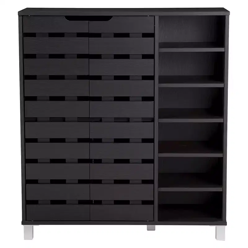 Modern 2-Door Shoe Cabinet with Open Shelves, Dark Brown Espresso Finish, Metal Frame, 10 Compartments