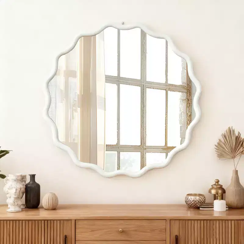 30 inch White Wavy Round Solid Wood Frame Wall Mirror for Bathroom Vanity, Wooden Farmhouse Decorative Mirror for Home