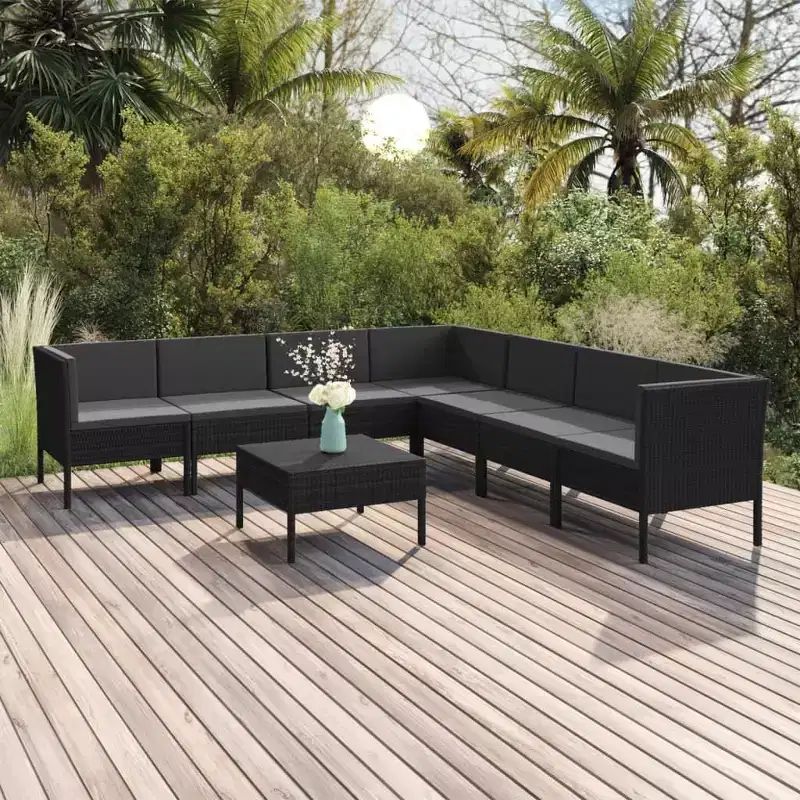 vidaXL 8 Piece Patio Lounge Set with Cushions, Poly Rattan Construction, Weather-Resistant, Powder-Coated Steel Frame, with Modular Design, Black