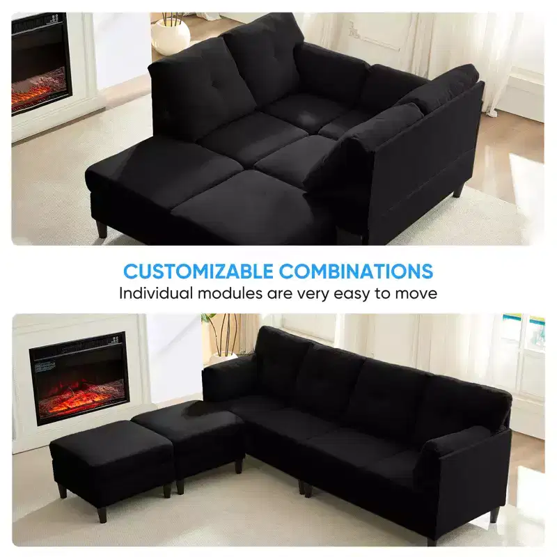Mjkone Modular Convertible Sectional Sofa Couch, Upholstered Comfy Fabric 4-Seater Sofa with Movable Ottomans