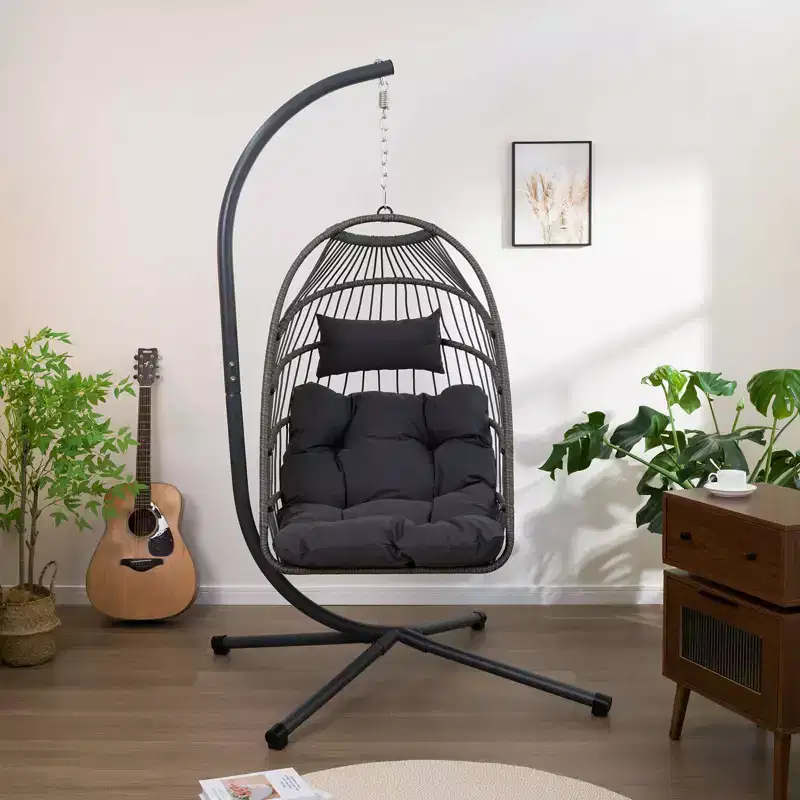 Okak Outdoor Egg Chair with Stand, Hanging Chair with Wicker Seat, Porch Chairs with Cushions for Backyard, Garden, Patio