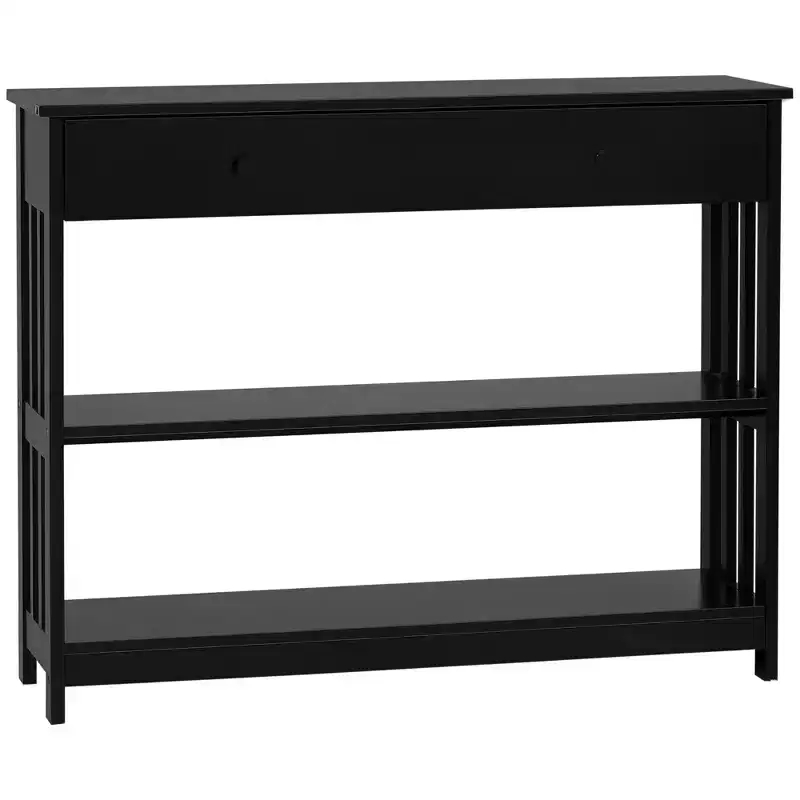 Console Hallway Table with Pull Out Drawer and 2 Open Shelves Slatted Wood Frame