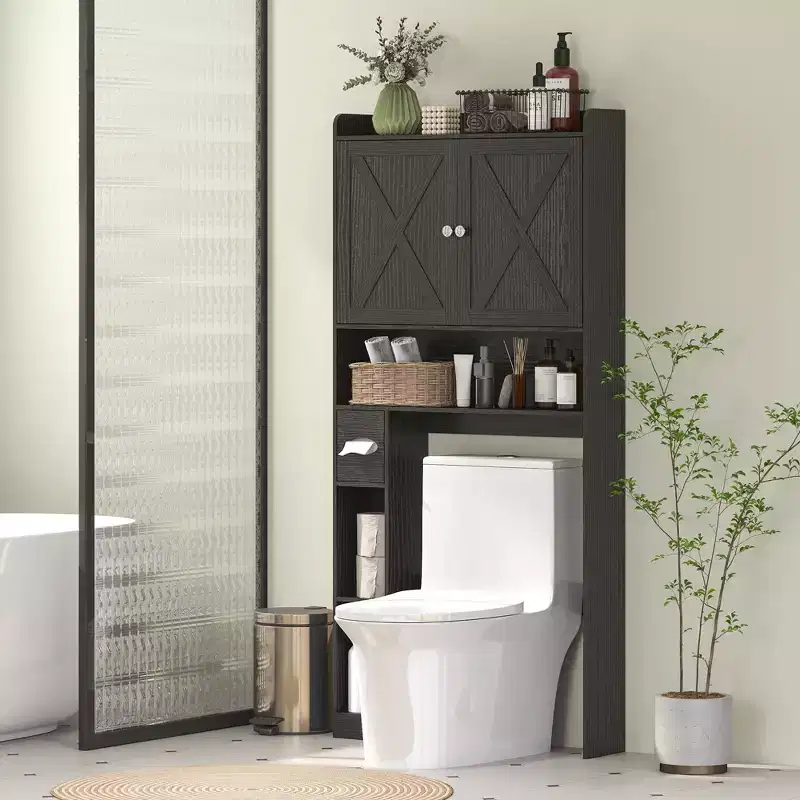 Toilet Bathroom Organizer with Barn Doors, Adjustable Shelf, Toilet Paper Holder