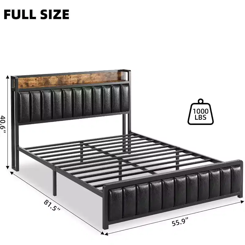 Black Upholstered Platform Bed Frame, Full, 1-Person