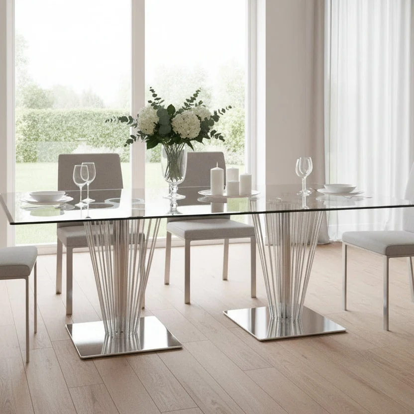 Somette Fiona Rectangular Dining Table with Double Pedestal Base - Silver