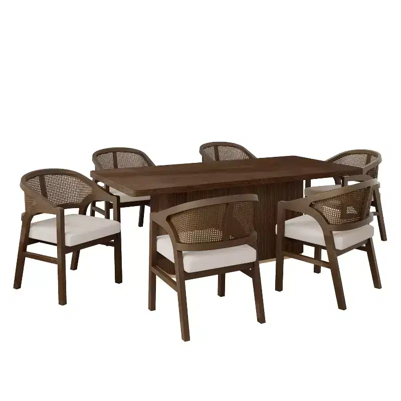 Christopher Knight Home Grace Contemporary 7 Piece Rubberwood Rattan Upholstered Dining Set with Oversized Rectangular Table