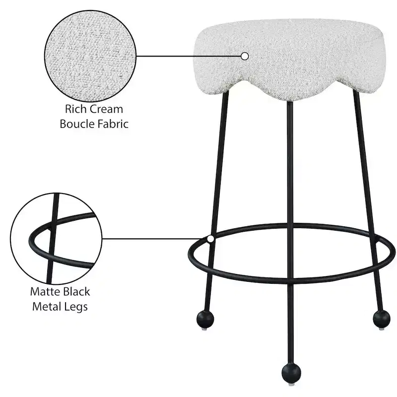 Cream Velvet Round Counter Stool, Backless, Seats 1