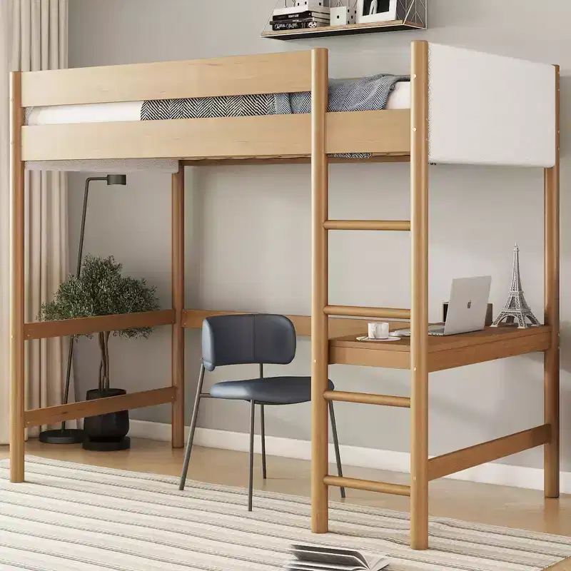 Bellemave Twin Loft Bed with Desk, Teddy Boucle Upholstered Headboard & Footboard, Rubberwood Frame, Ladder & Safety Guardrails, Natural