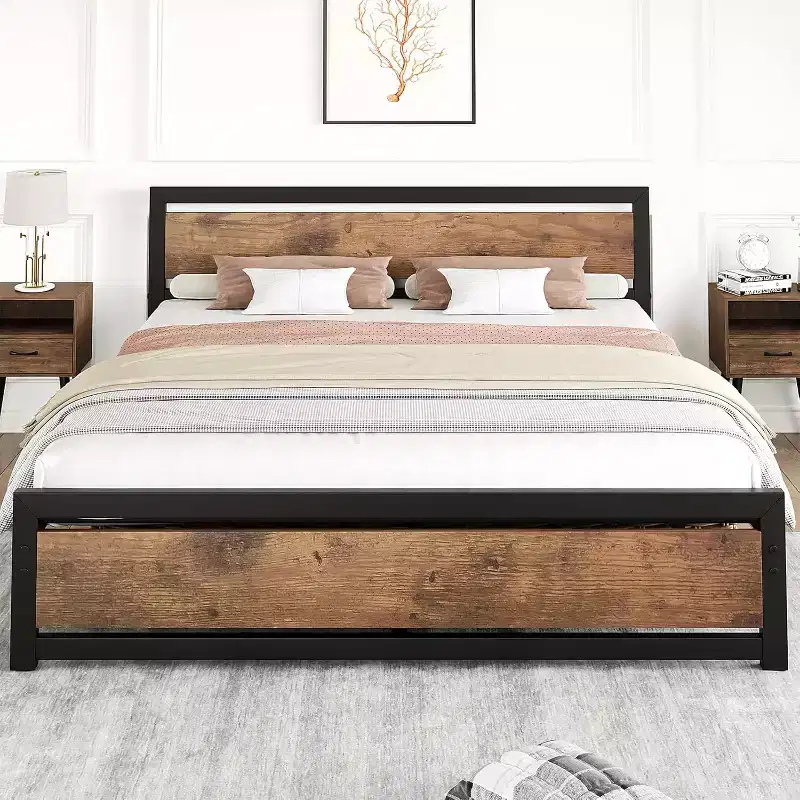 Metal Frame MDF Headboard King Platform Bed with Storage 14