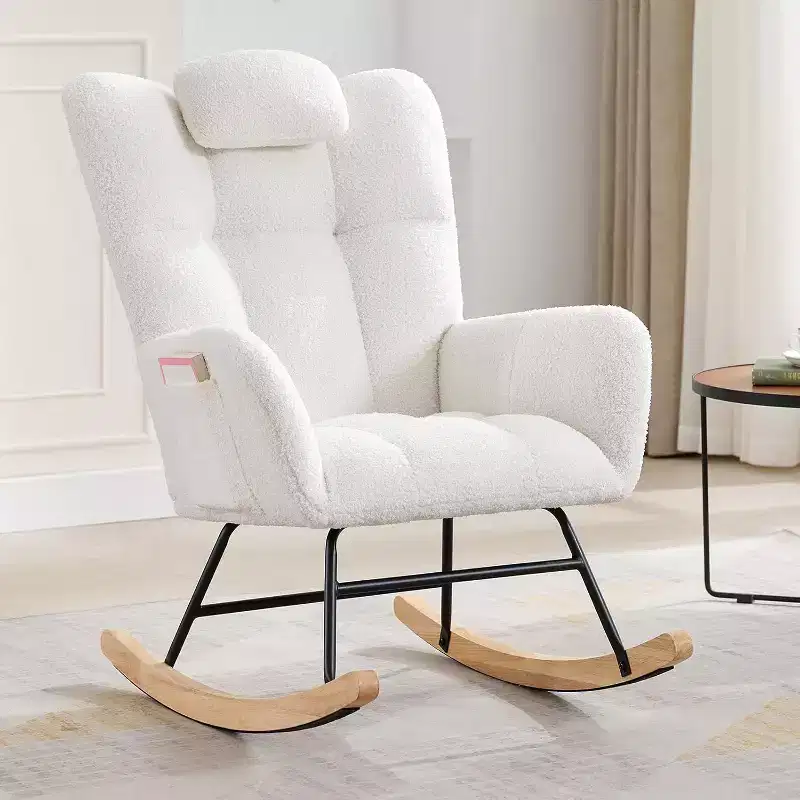 Nursery Teddy Rocking Chair, Soft Upholstered Glider Rocker for Adults, Space-Saving Nursing Chair for Living Room, Bedroom, and Classroom Use