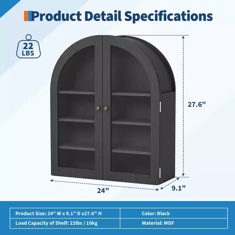 Small Arched Wall Cabinet with Glass Doors, 24 Wall-Mounted Storage Cabinet with Adjustable Shelf, for Kitchen, Bathroom, Laundry Room