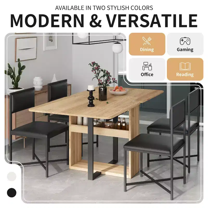 Whisen Modern 5-Piece Extendable Dining Table Set, Foldable Square Table with Leather Upholstered Chairs