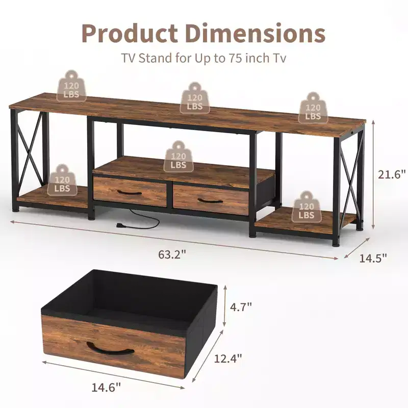 TV Stand with Fabric Drawers for 75 70 65 Inch TV, TV Console Table, Entertainment Center with Open Storage Shelves for Living Room, Bedroom, Office