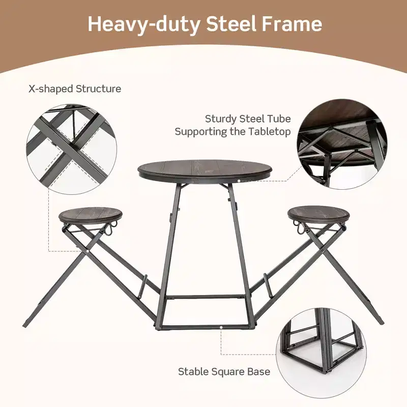 Costway 3-Piece Bar Table Set Round Pub Dining Table & 2 Foldable Stools w/ Metal Frame